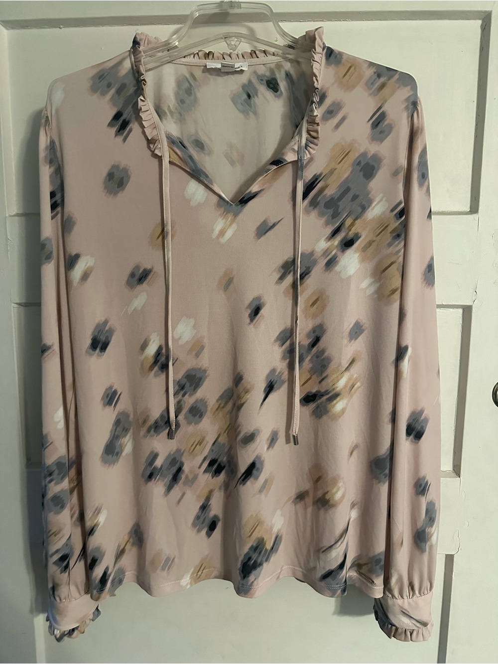 Calvin Klein Blush Pink Abstract Print Ruffle Tie-Neck Tunic
